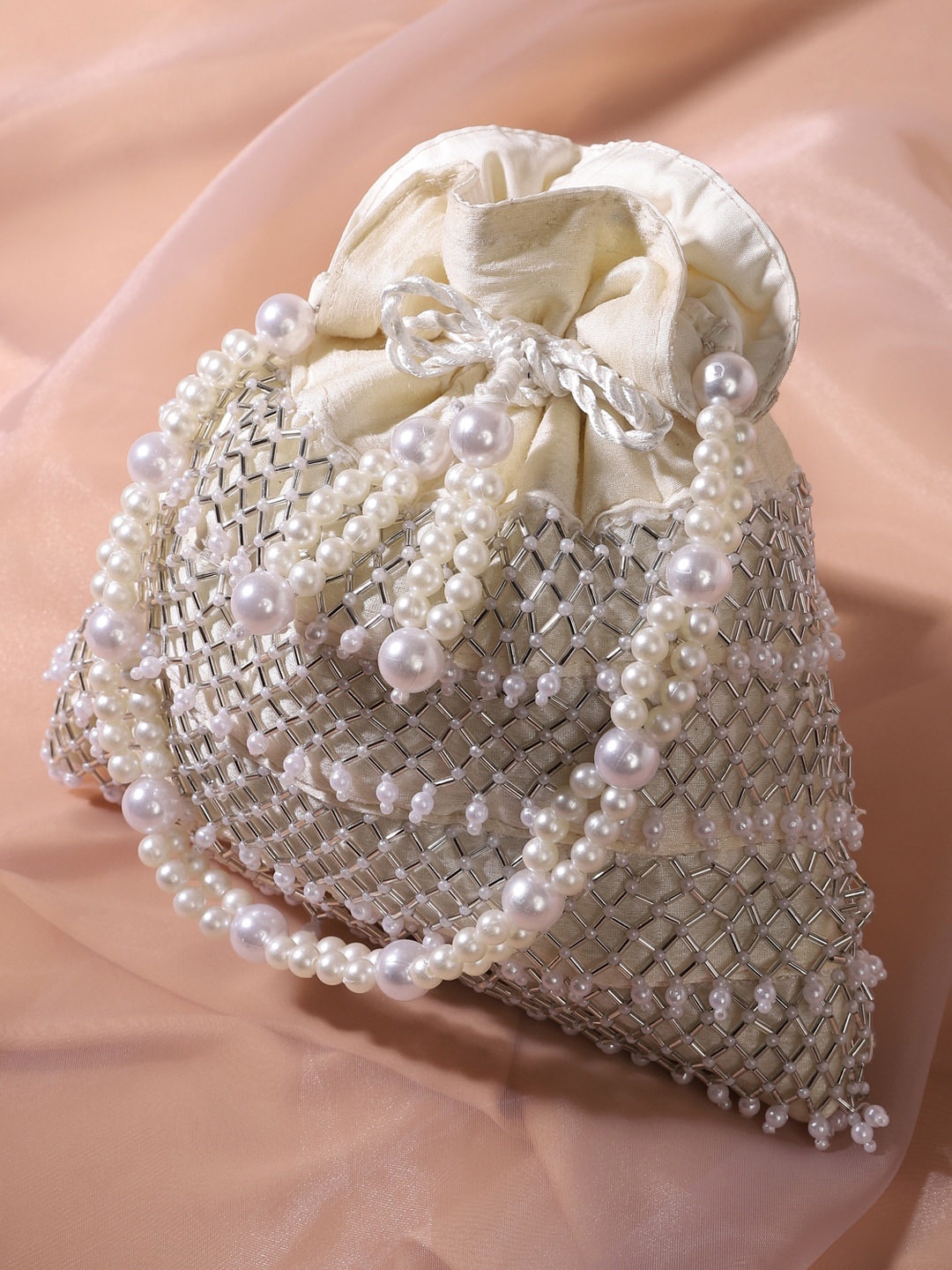 

DEEBACO Fringes & Embellished Beaded Potli, White