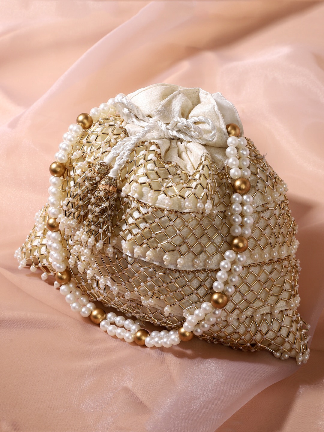 

DEEBACO Golden Fringes Embellished Potli, Off white