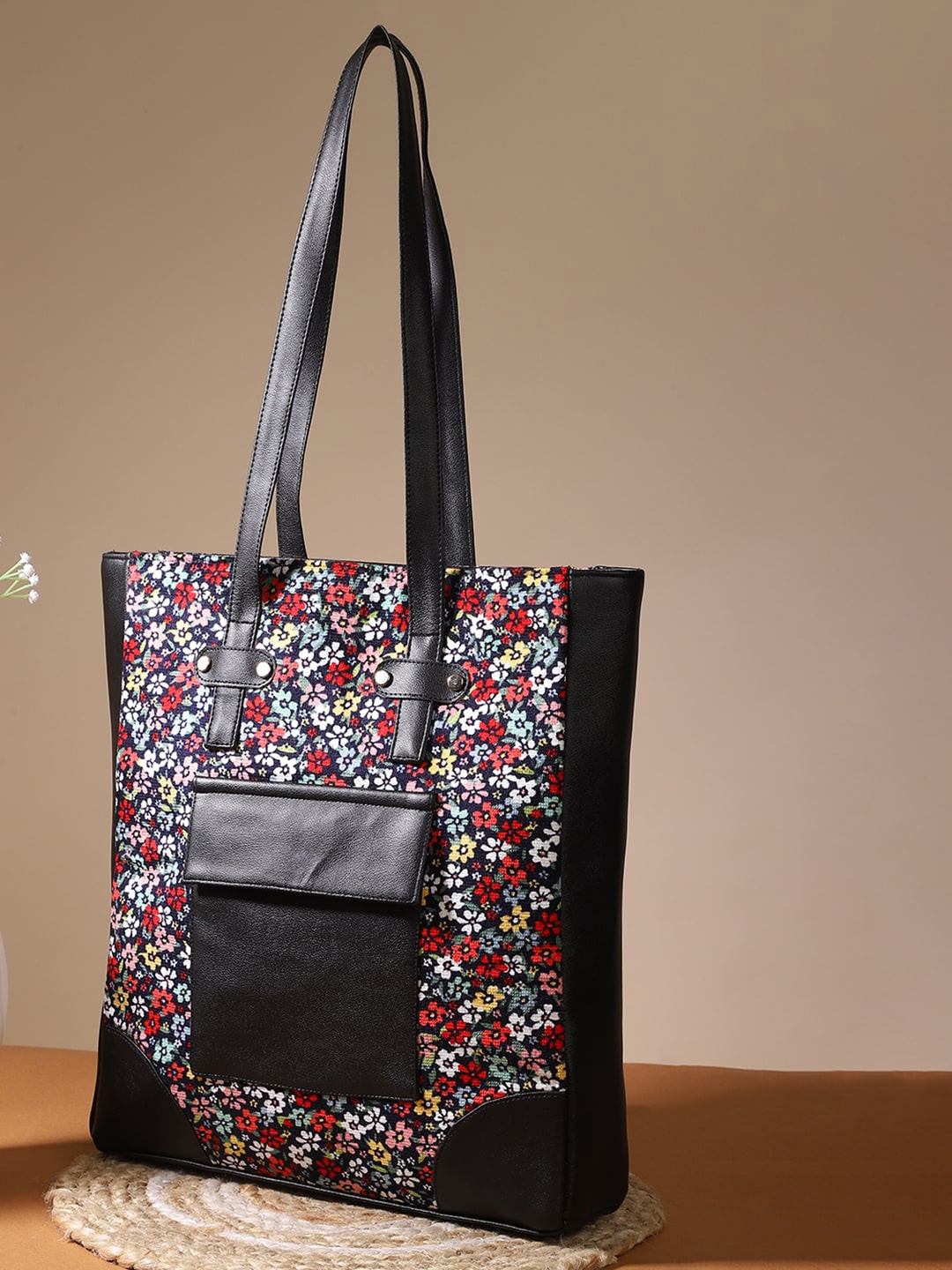 

DEEBACO Multicolor Floral Print Tote Bag, Black