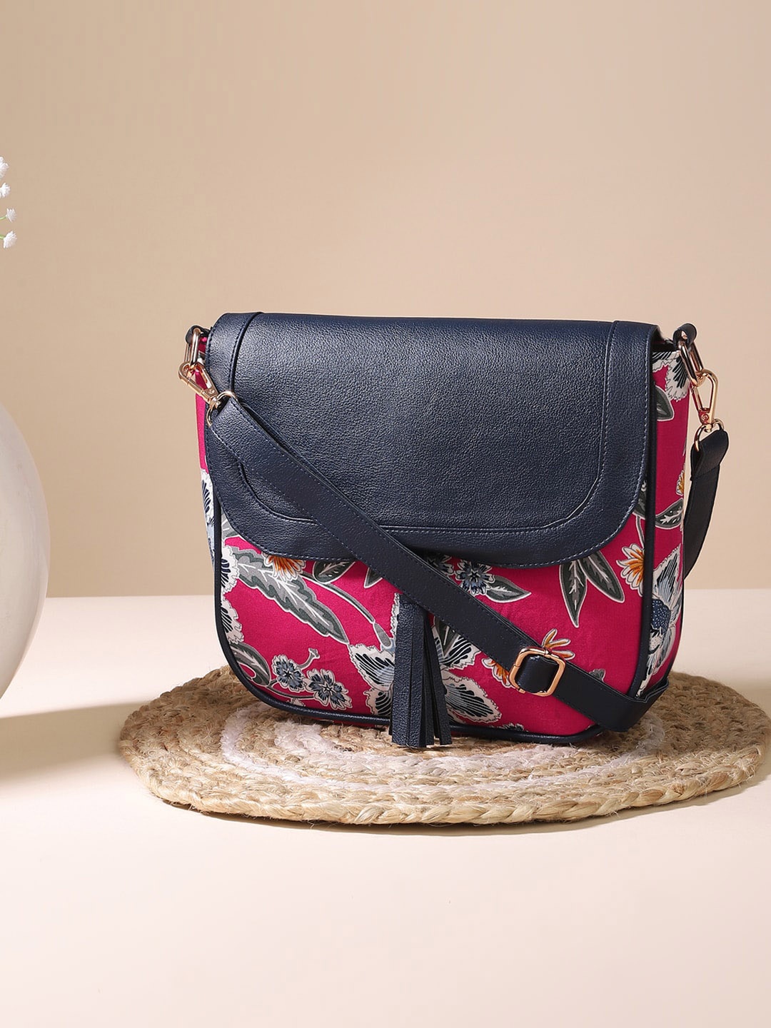 

DEEBACO Floral Printed Oversized Structured Sling Bag with Tasselled, Multi