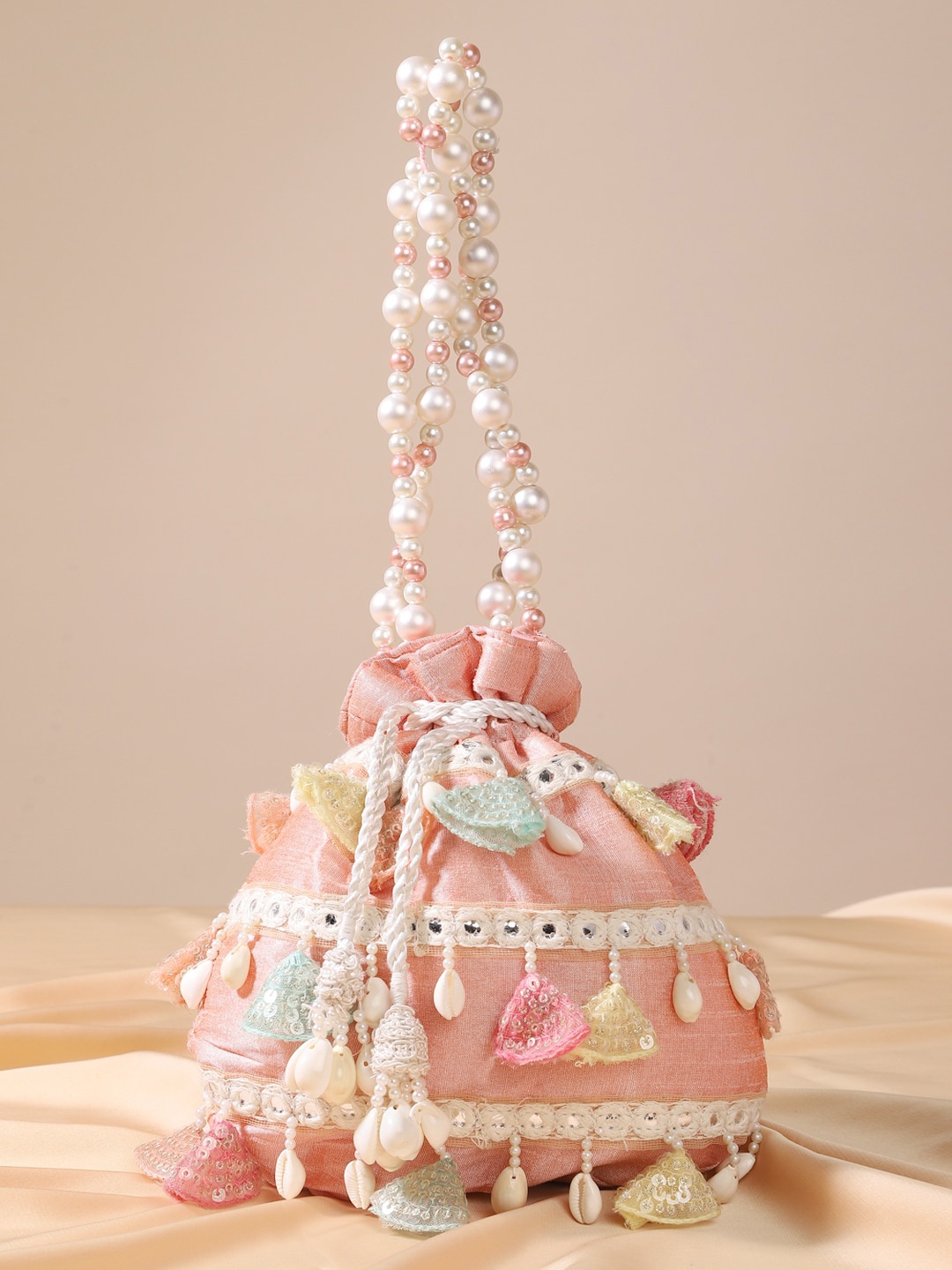 

DEEBACO Fringes & Beaded Embellished Potli, Peach