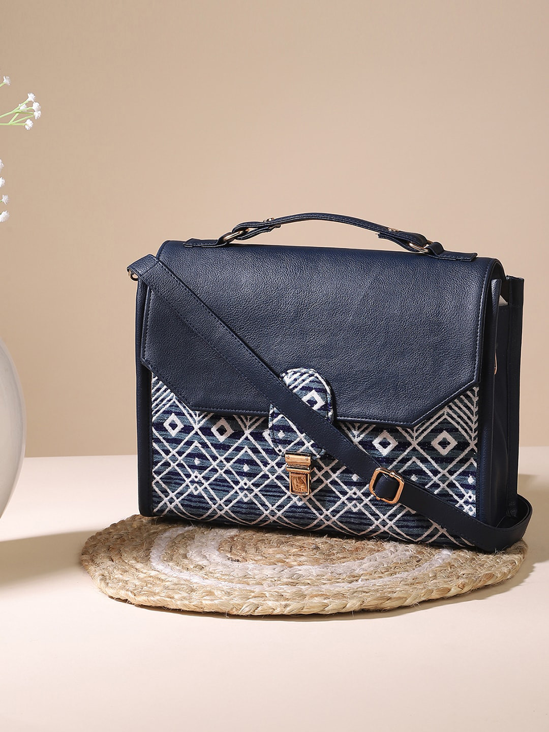 

DEEBACO Geometric Printed Cotton Structured Sling Bag, Navy blue