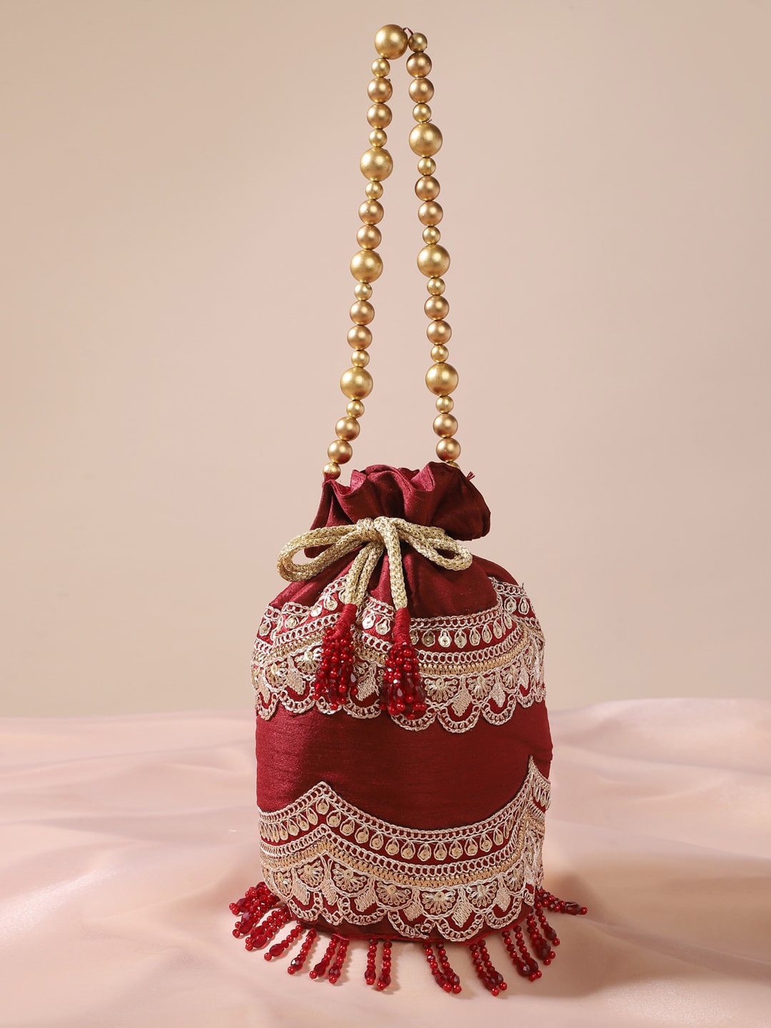 

DEEBACO Embellished Potli With Beaded Handle, Maroon