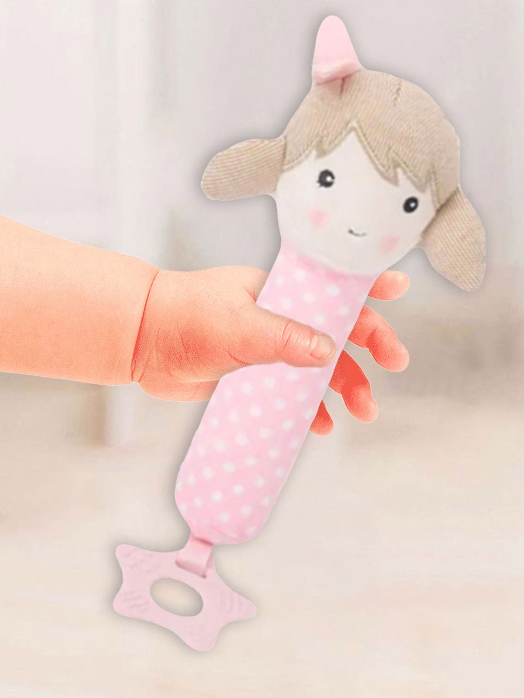 

Baby Moo Pigtail Doll Squeaker With Teether Handheld Rattle Toy, Pink