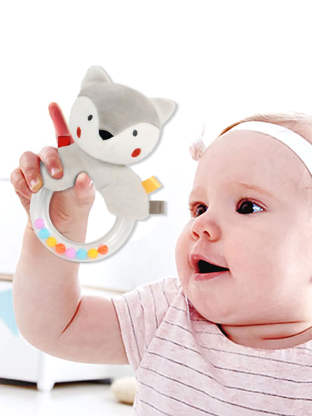 

Baby Moo Fluffy Wolf Sensory Hand Grab Developmental Plush Handheld Ring Rattle Toy, Grey