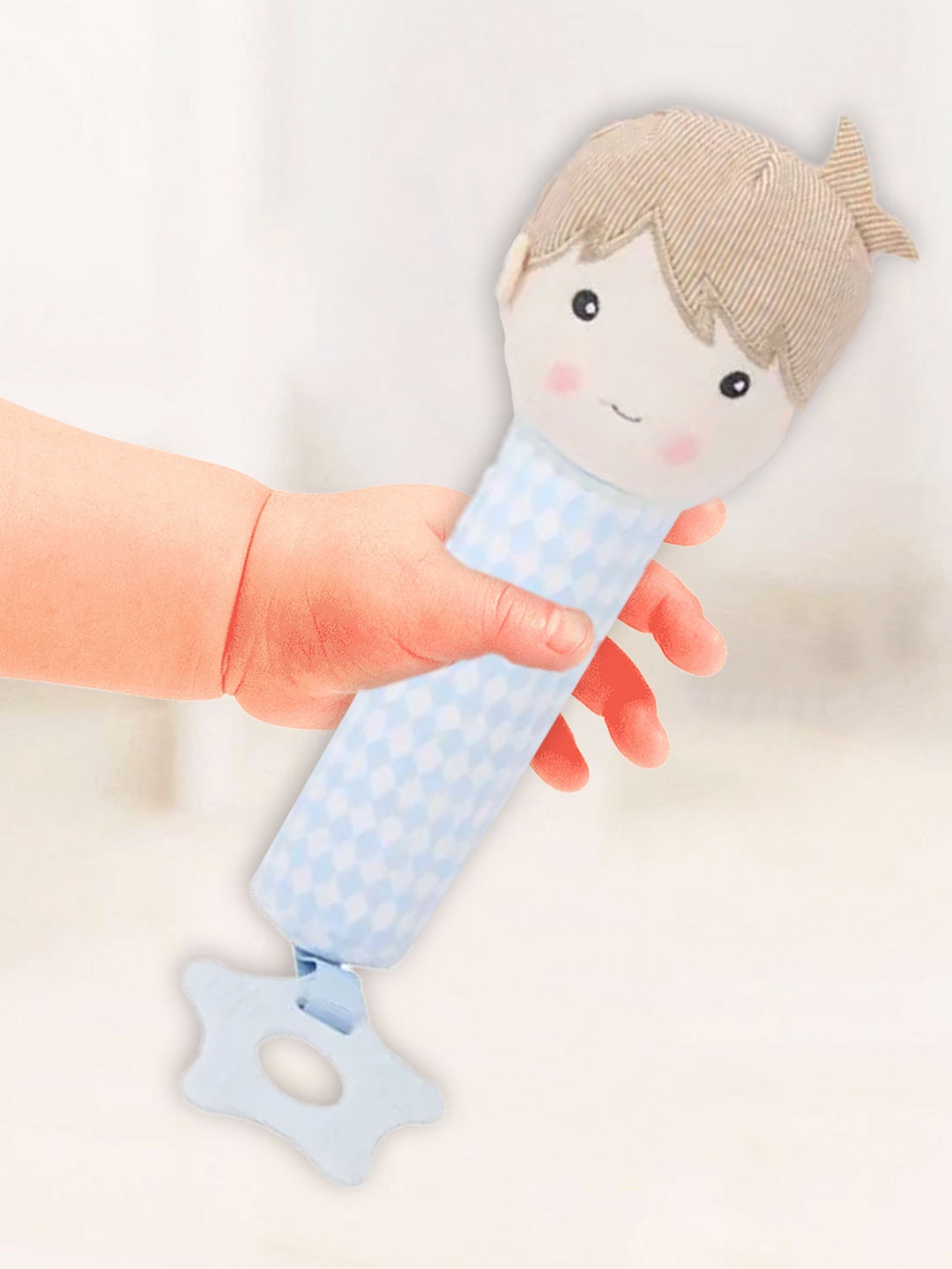 

Baby Moo Infants Handsome Explorer Squeaker With Teether Handheld Rattle Toy, Blue
