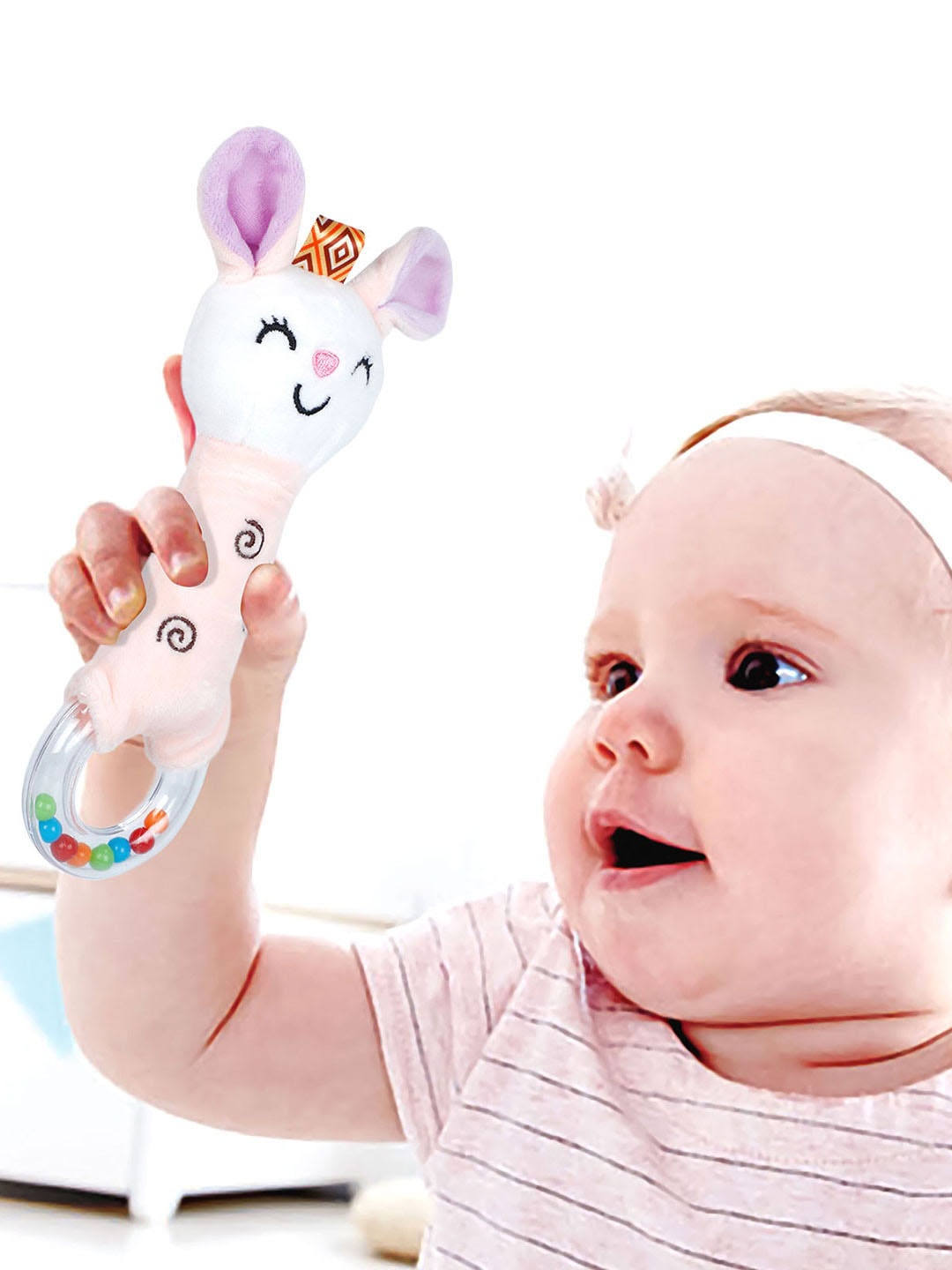 

Baby Moo Infants Gentle Bunny Squeaker Sound Handheld Rattle Toy, Peach