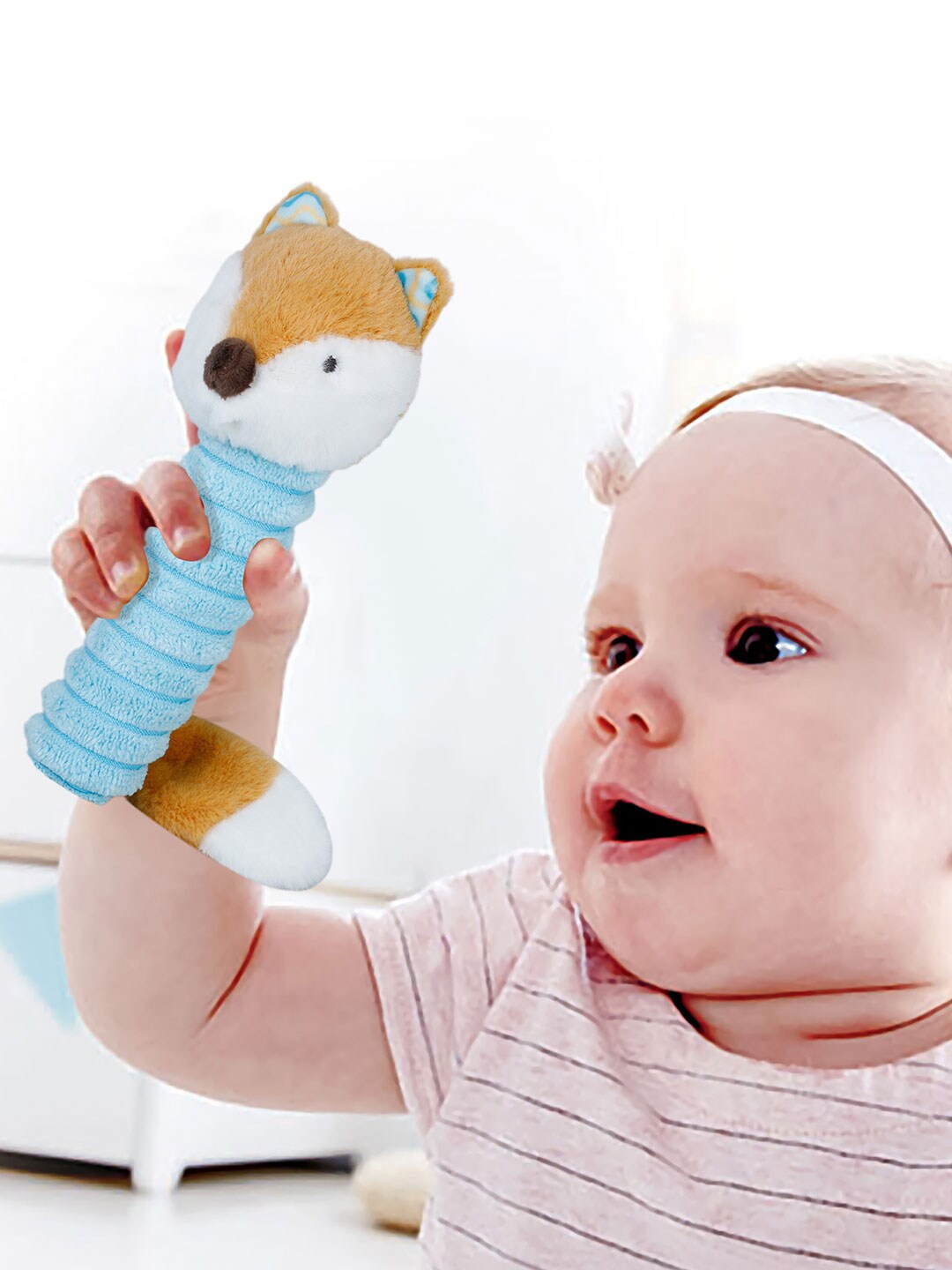 

Baby Moo Kids Clever Fox Squeaker And Rustle Paper Handheld Rattle Toy, Blue