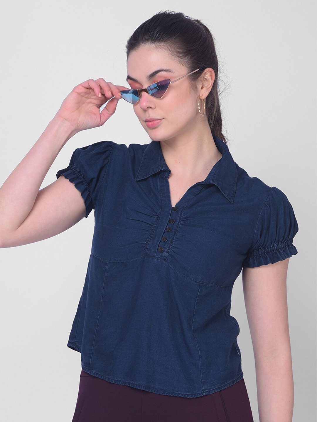 

Crimsoune Club Puff Sleeve Shirt Style Top, Blue