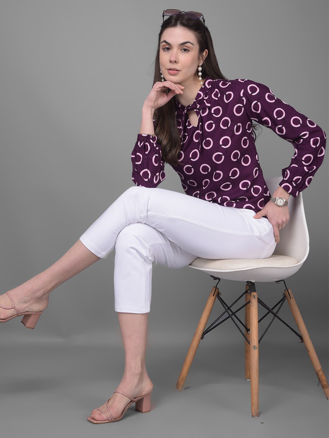 

Crimsoune Club Conversational Print Tie-Up Neck Puff Sleeve Top, Purple