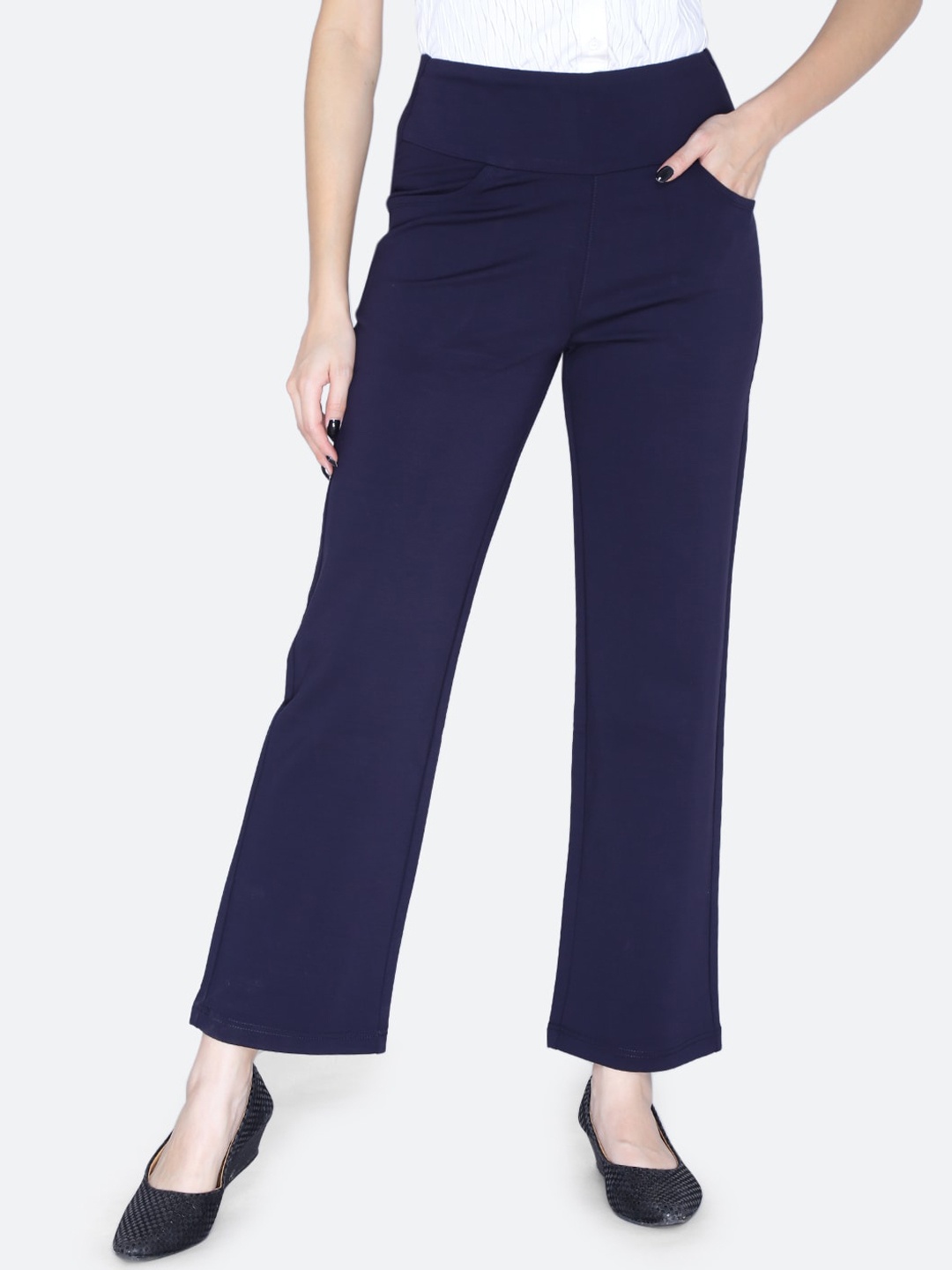 

FCK-3 Women Relaxed Straight Leg High-Rise Easy Wash Cotton Trousers, Navy blue