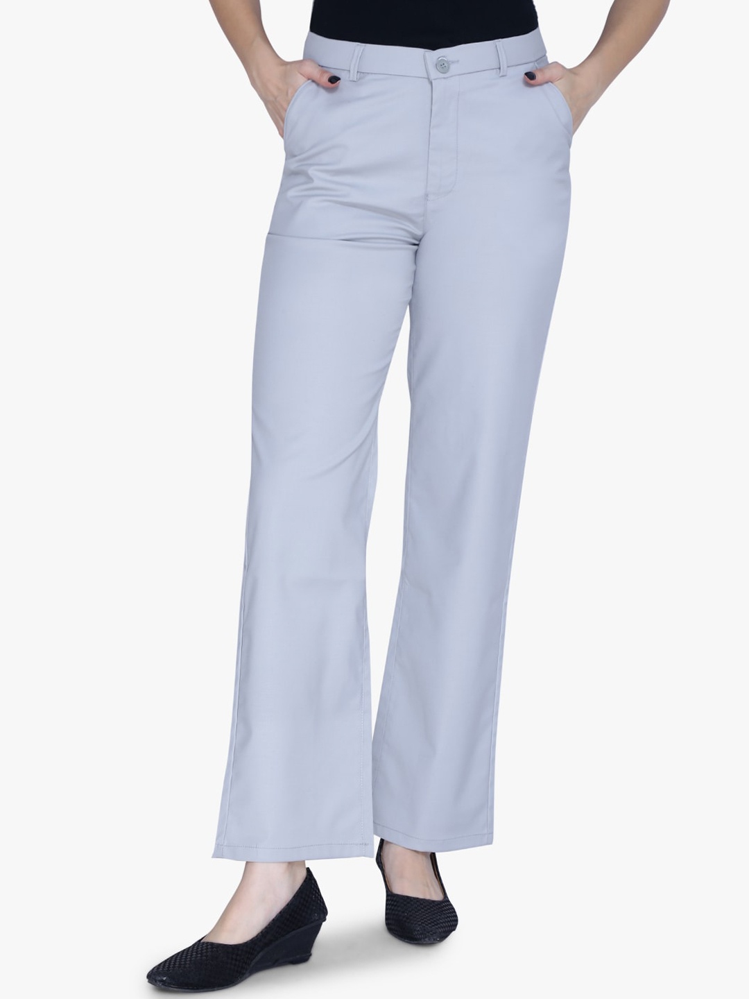 

FCK-3 Women Tailored Straight Fit High-Rise Cotton Easy Wash Trousers, Grey melange