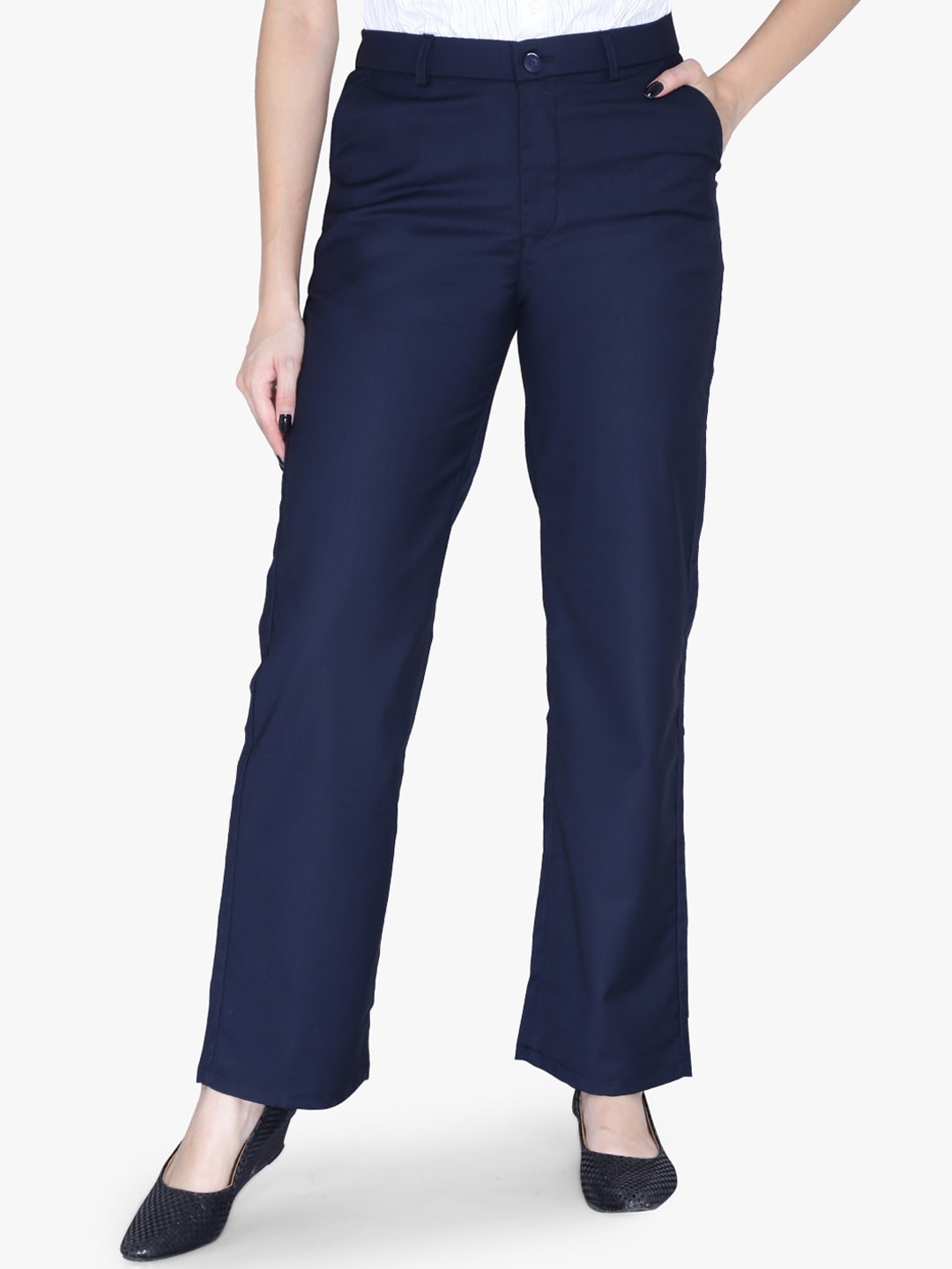

FCK-3 Women High-Rise Cotton Tailored Straight Fit Easy Wash Regular Trousers, Blue
