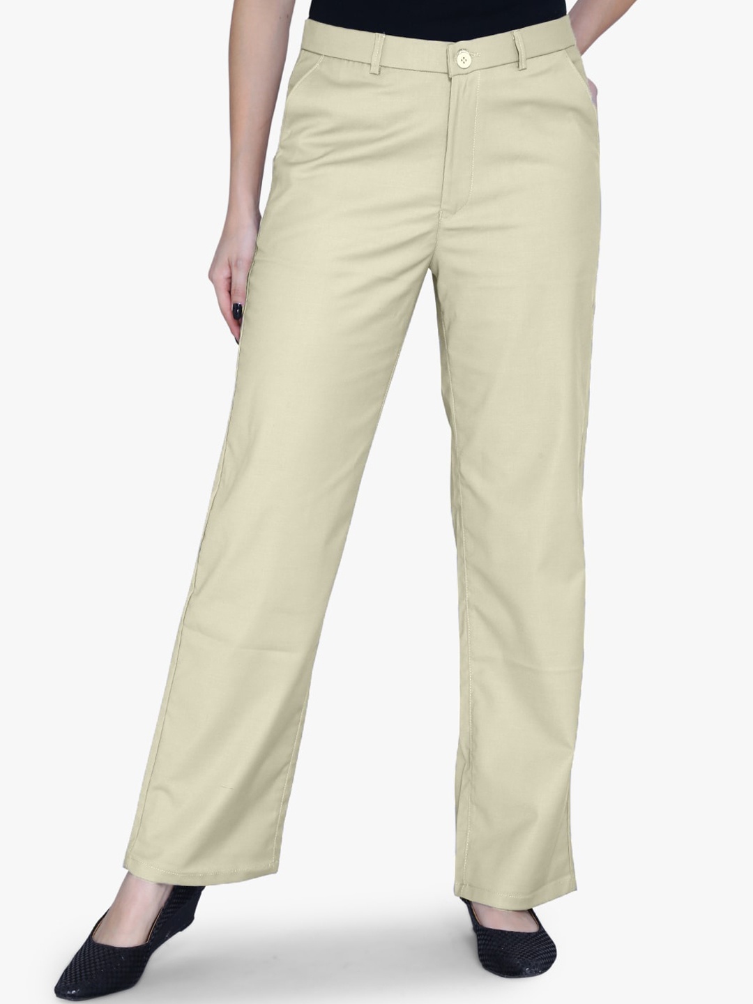 

FCK-3 Women Tailored Straight Fit High-Rise Easy Wash Cotton Regular Trousers, Beige