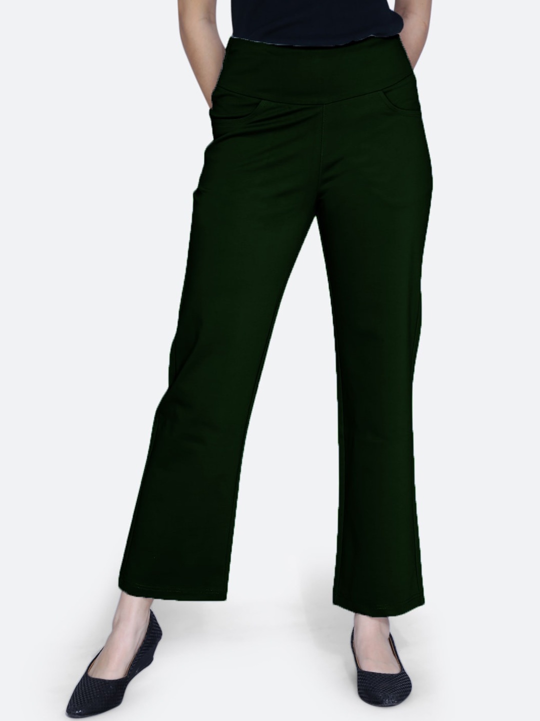 

FCK-3 Women Relaxed Straight Leg High-Rise Easy Wash Cotton Bootcut Trousers, Green