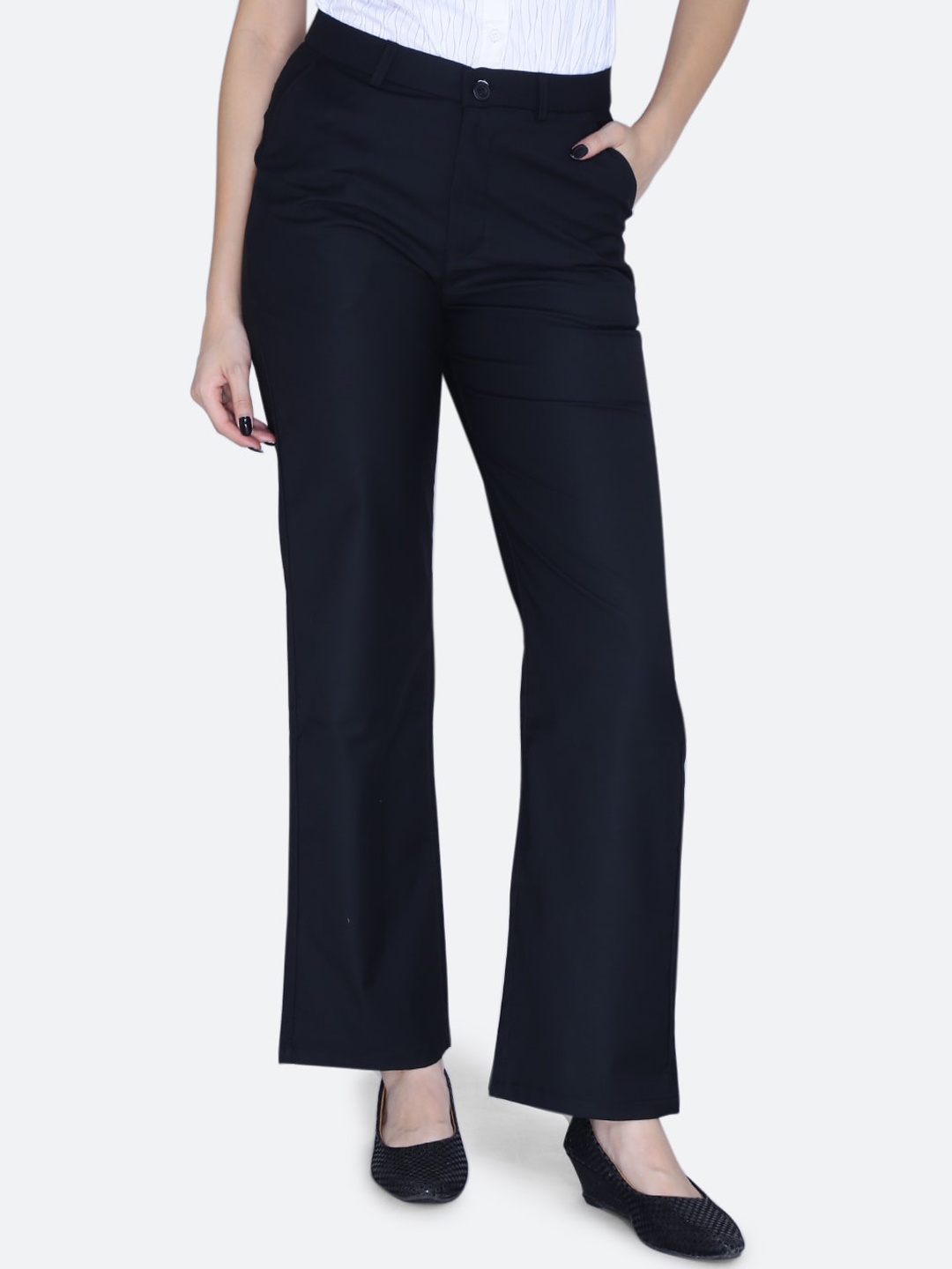 

FCK-3 Women Tailored Straight Fit High-Rise Cotton Easy Wash Trousers, Black