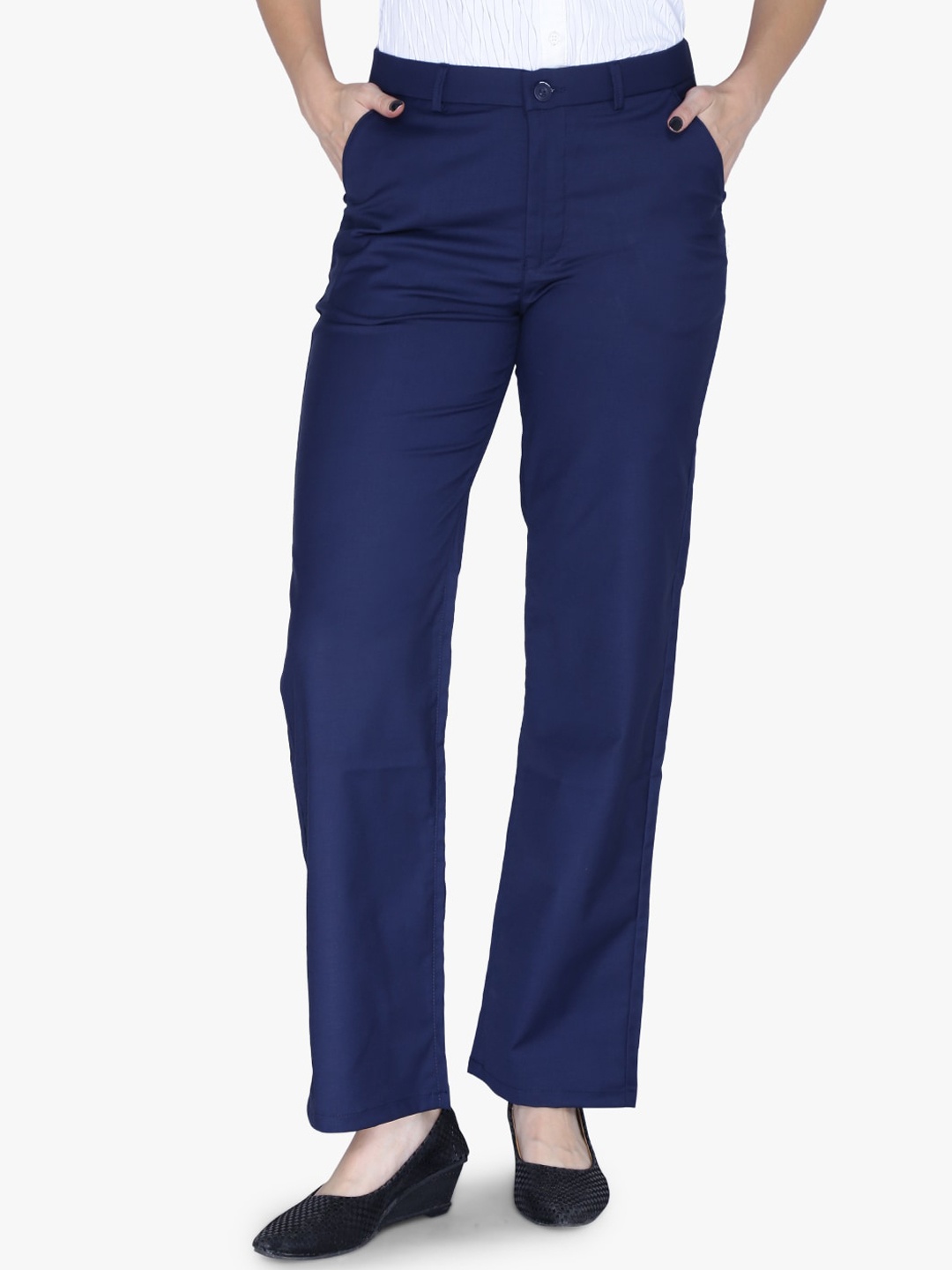 

FCK-3 Women Tailored Straight Fit High-Rise Easy Wash Cotton Regular Trousers, Navy blue