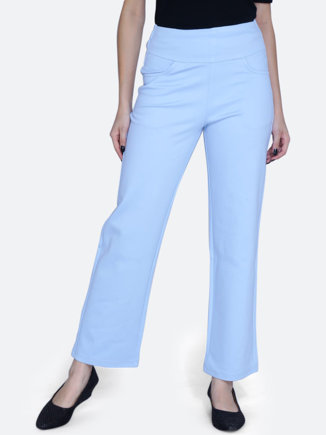 

FCK-3 Women Relaxed Straight Leg High-Rise Easy Wash Cotton Regular Trousers, Turquoise blue
