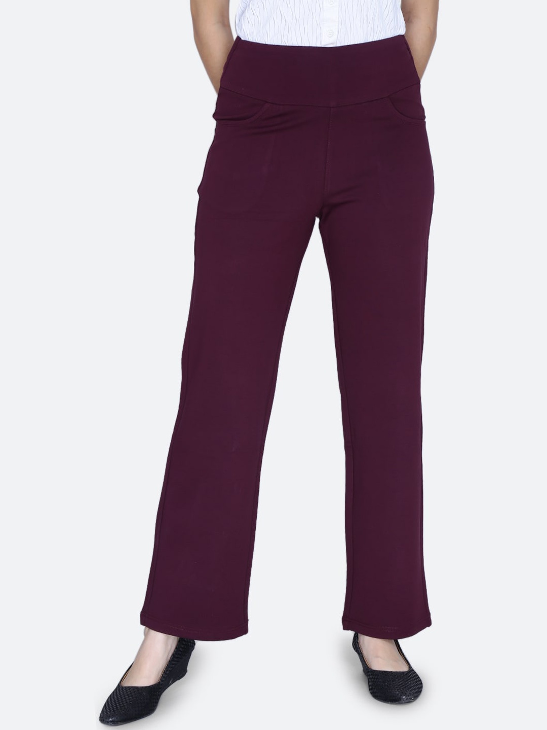 

FCK-3 Women High-Rise Cotton Relaxed Straight Leg Easy Wash Regular Trousers, Maroon