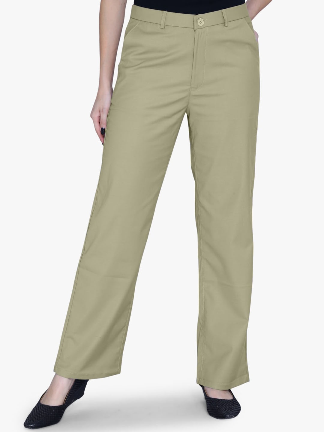 

FCK-3 Women Tailored Straight Fit High-Rise Cotton Easy Wash Trousers, Khaki