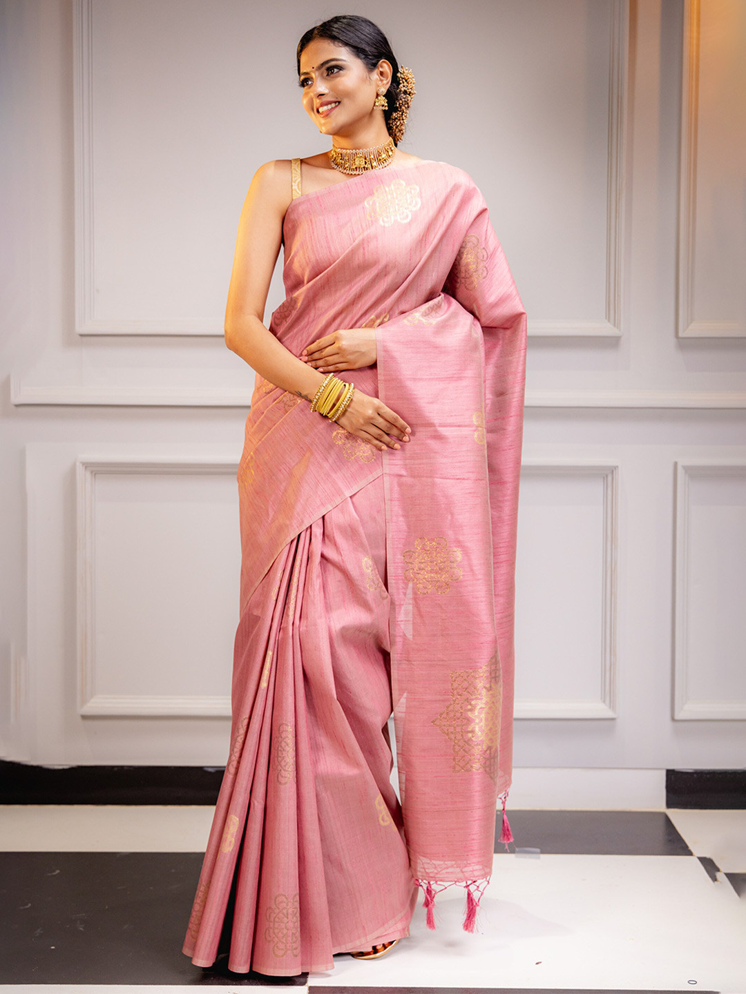 

MIMOSA Ethnic Woven Design Zari Art Silk Kanjeevaram Saree, Pink