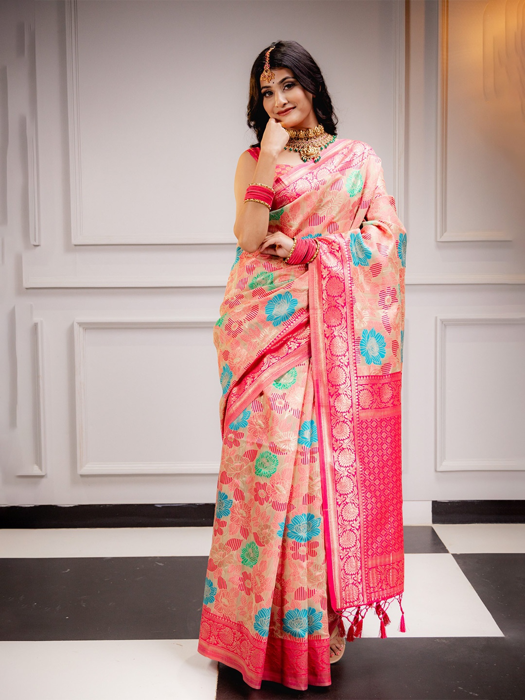 

MIMOSA Ethnic Woven Design Zari Art Silk Banarasi Saree, Pink