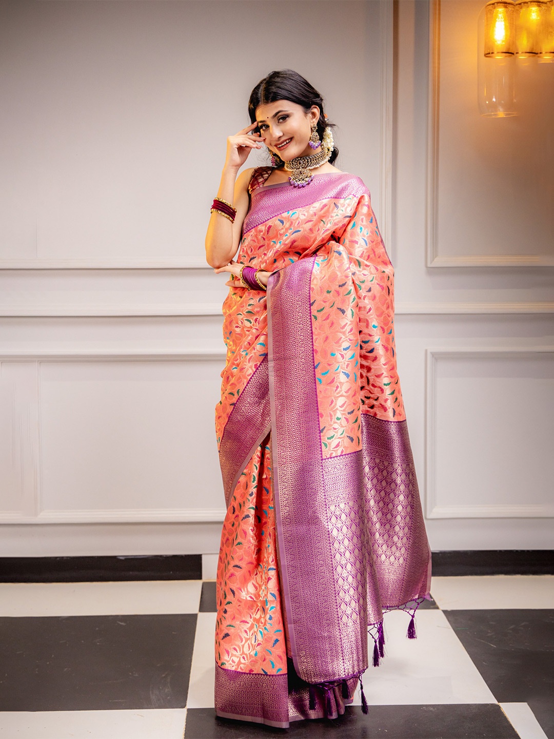 

MIMOSA Ethnic Woven Design Zari Art Silk Kanjeevaram Saree, Peach