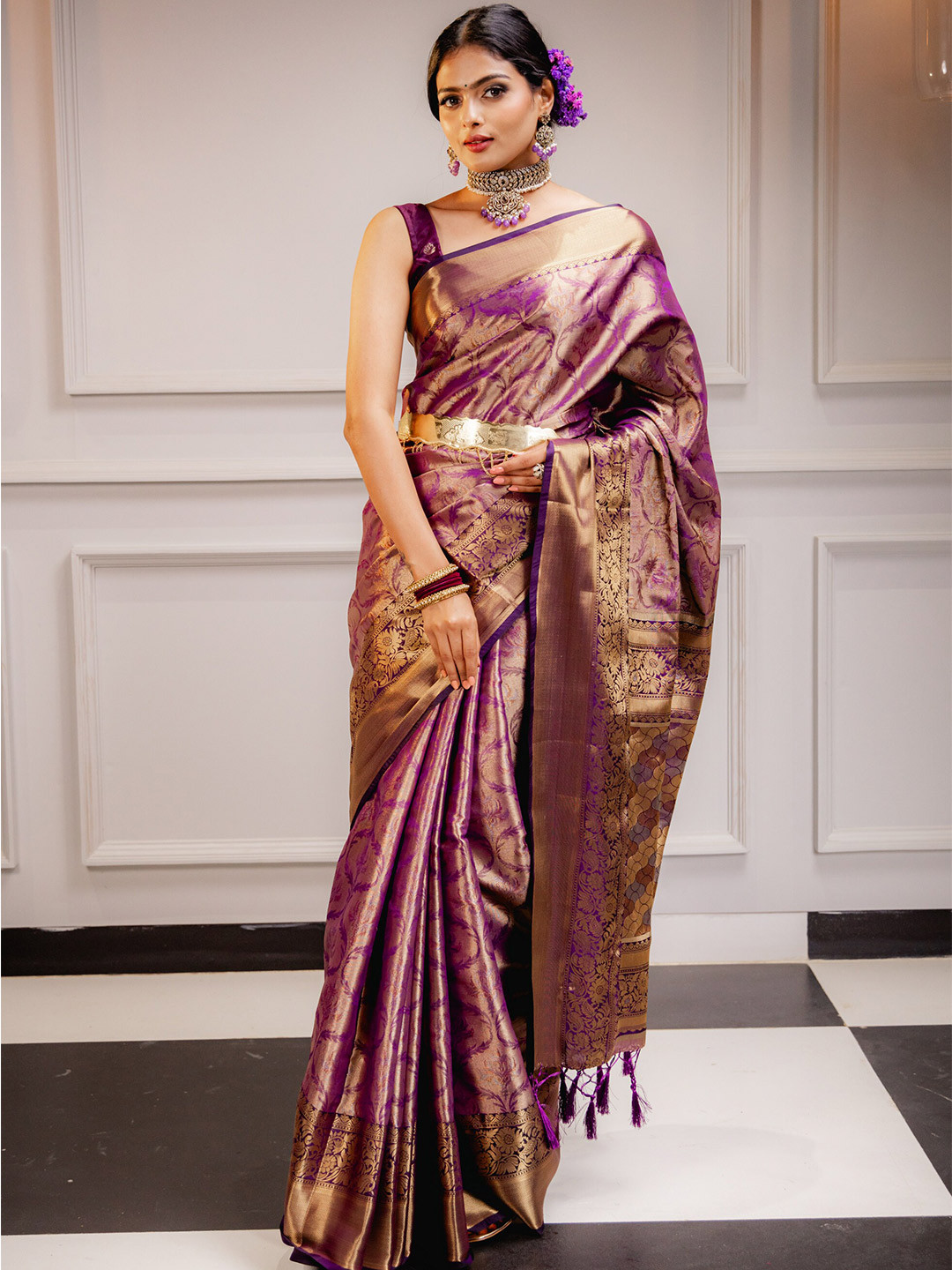

MIMOSA Floral Woven Design Zari Art Silk Kanjeevaram Saree, Purple