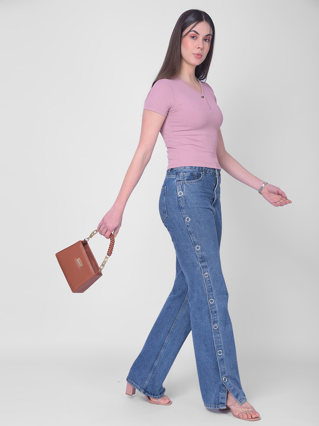 

Crimsoune Club Women Henley Neck Slim Fit T-shirt, Peach