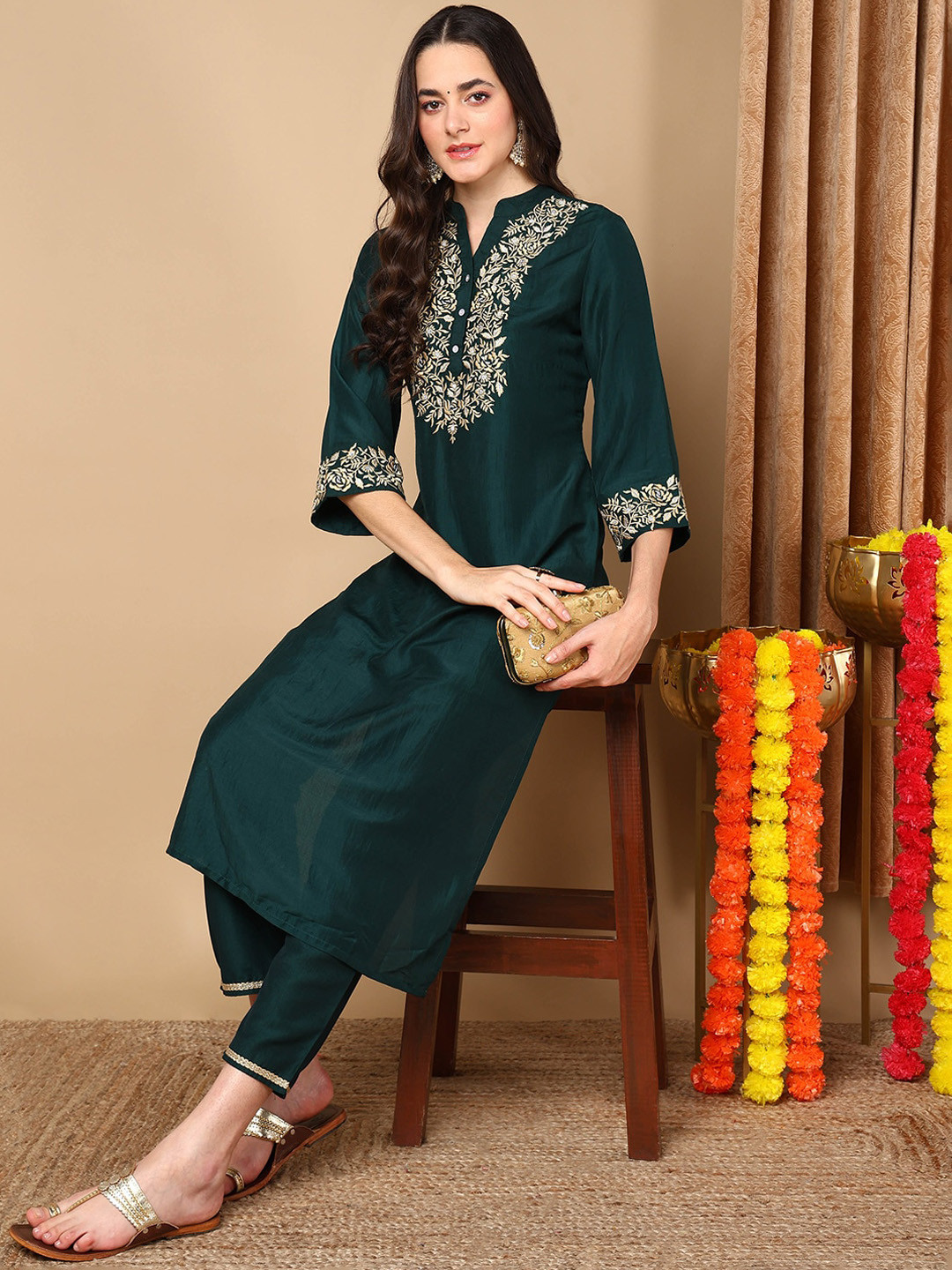 

KALINI Floral Embroidered Mandarin Collar Flared Sleeves Mirror Work Straight Kurta, Green