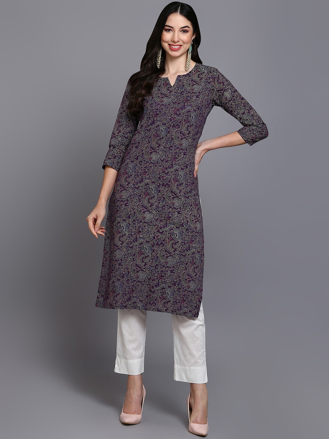 

KALINI Floral Printed Round Neck Cotton Straight Kurta, Purple