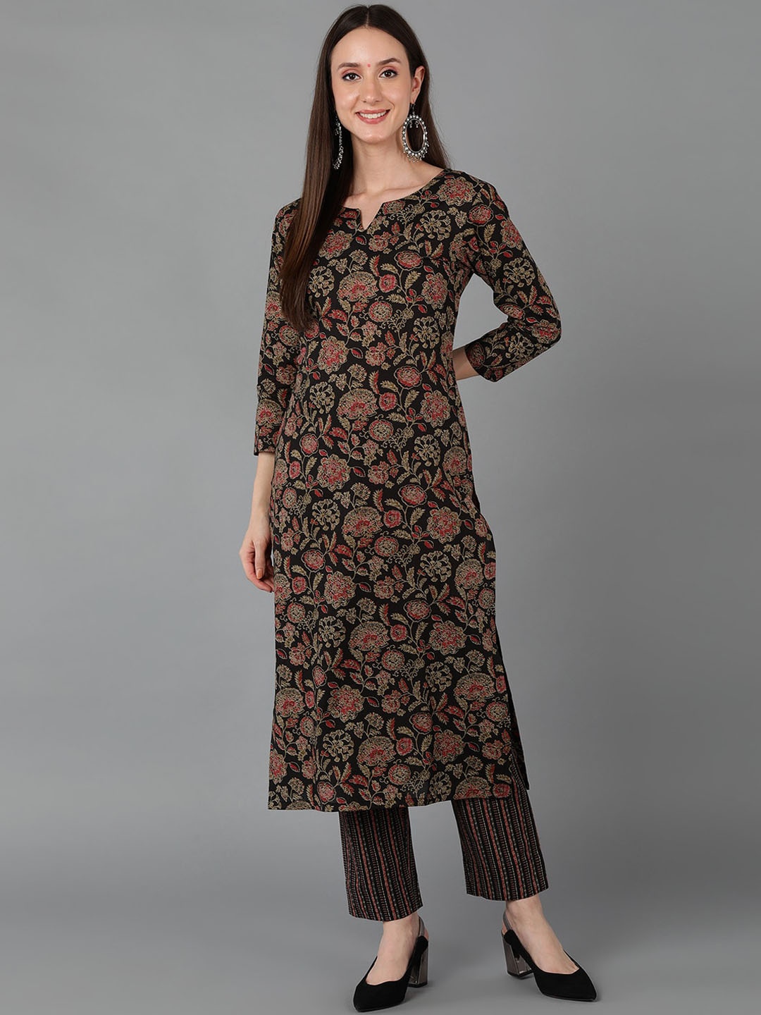 

KALINI Floral Printed Cotton Straight Kurta, Black