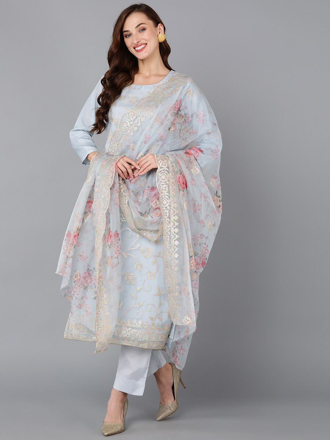 

KALINI Floral Printed Regular Sequinned Kurta with Trousers & Dupatta, Grey