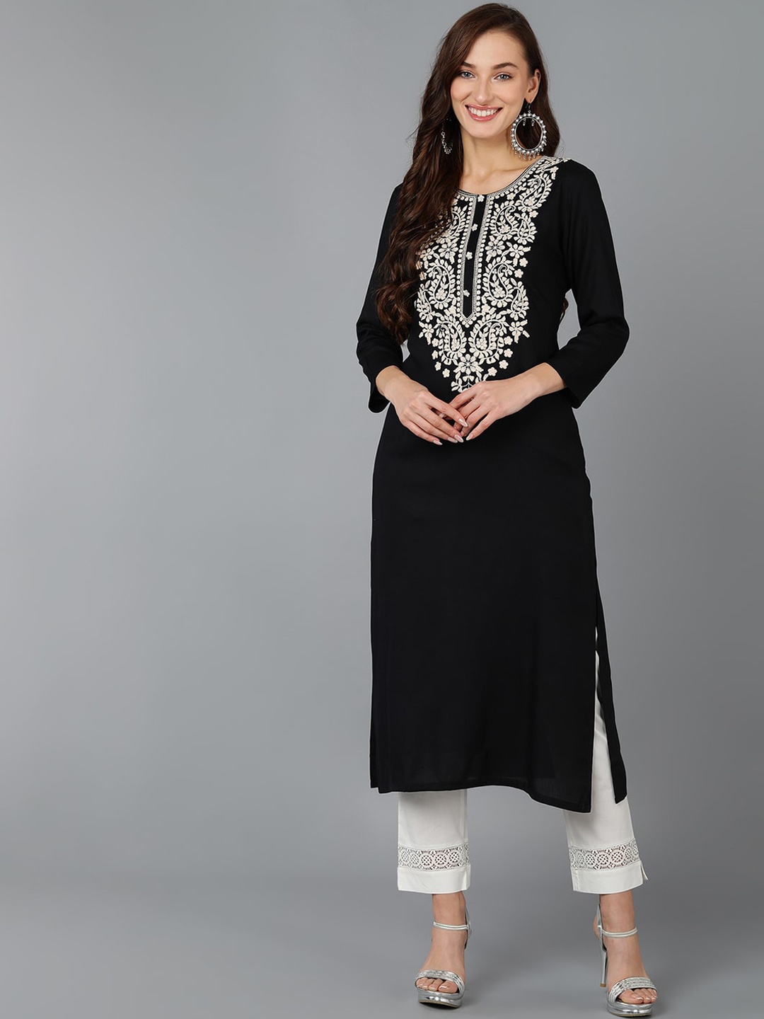 

KALINI Ethnic Motifs Yoke Design Straight Kurta, Black