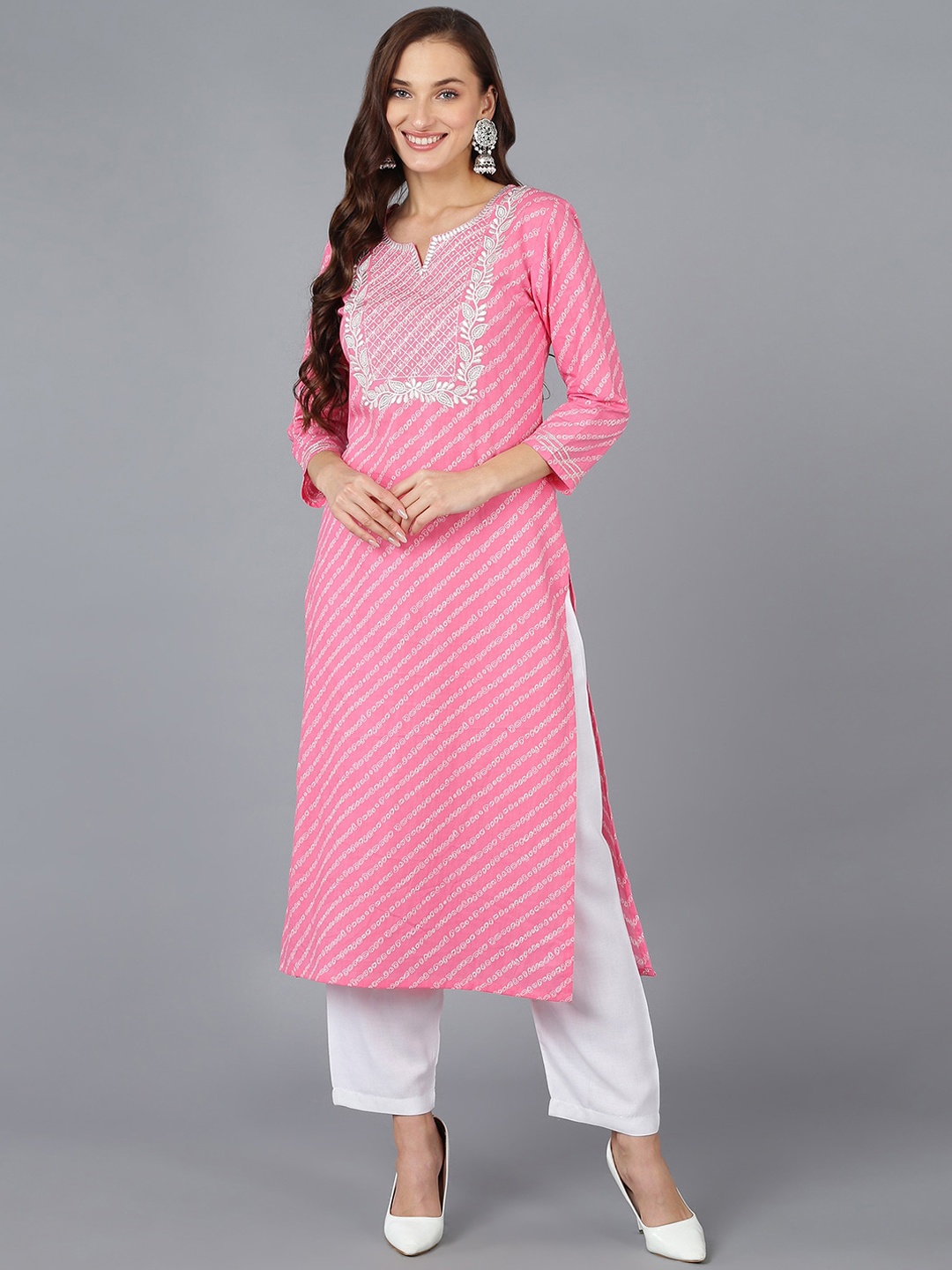 

KALINI Striped Thread Work Cotton Straight Kurta, Pink