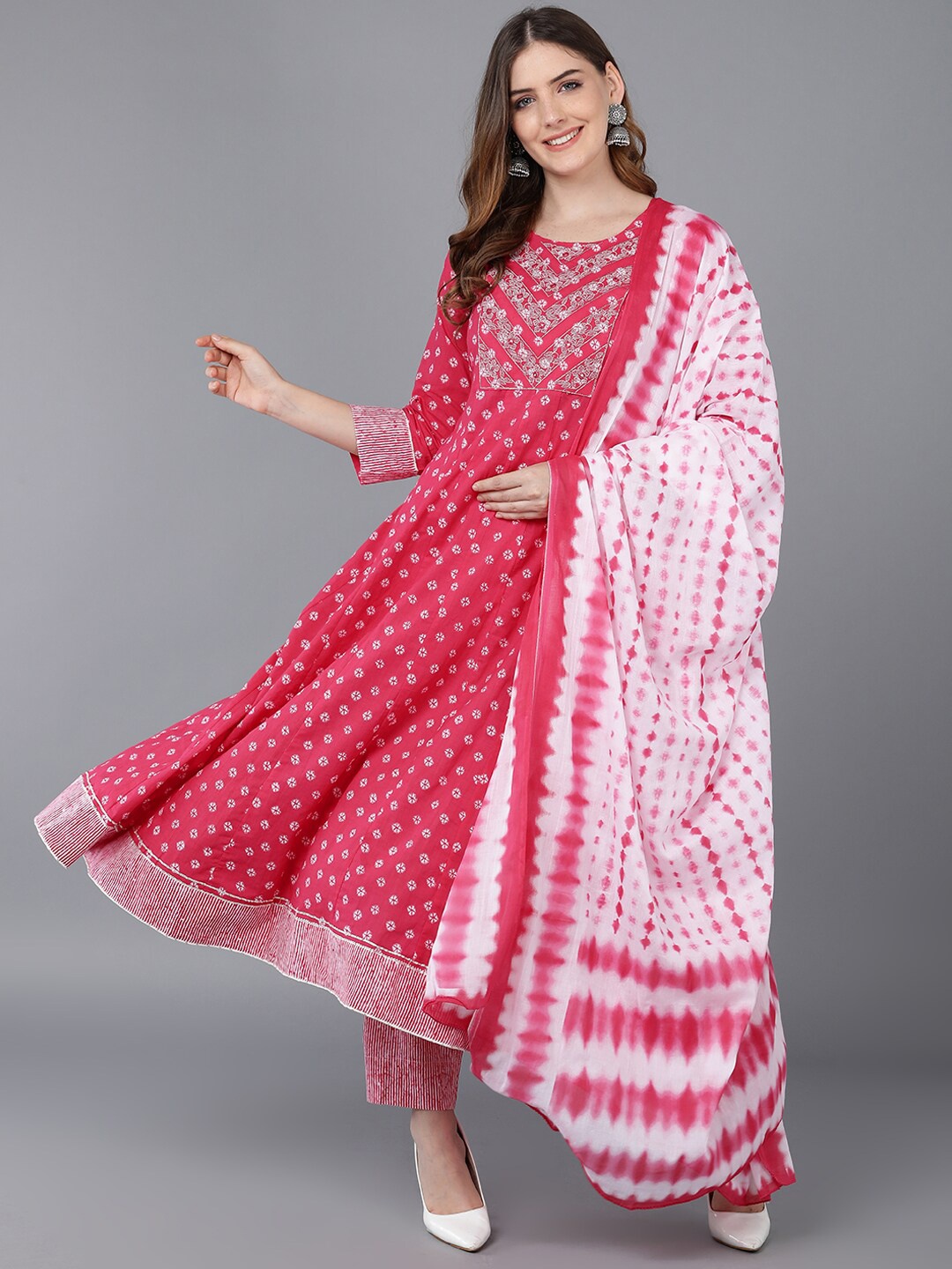 

KALINI Ethnic Motifs Printed Empire Thread Work Pure Cotton Kurta with Trousers & Dupatta, Pink