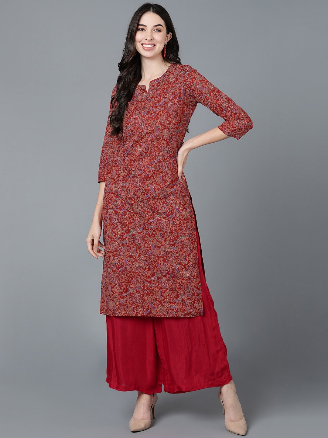 

KALINI Ethnic Motifs Printed Cotton Straight Kurta, Red
