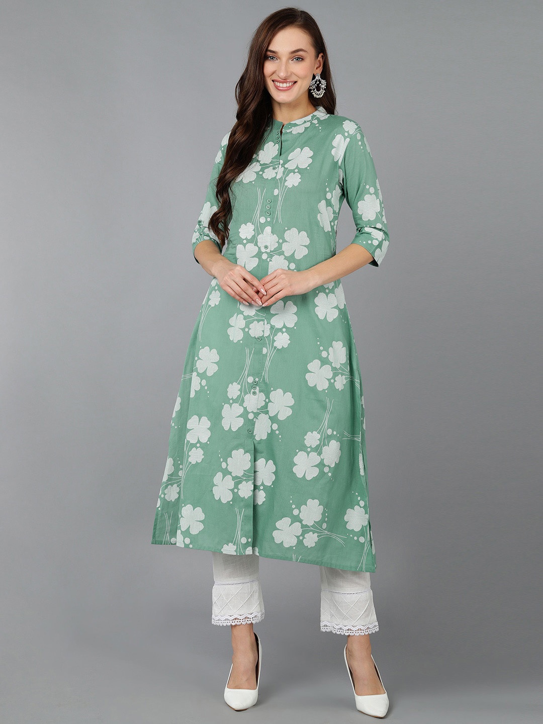

KALINI Floral Printed Straight Cotton Kurta, Green