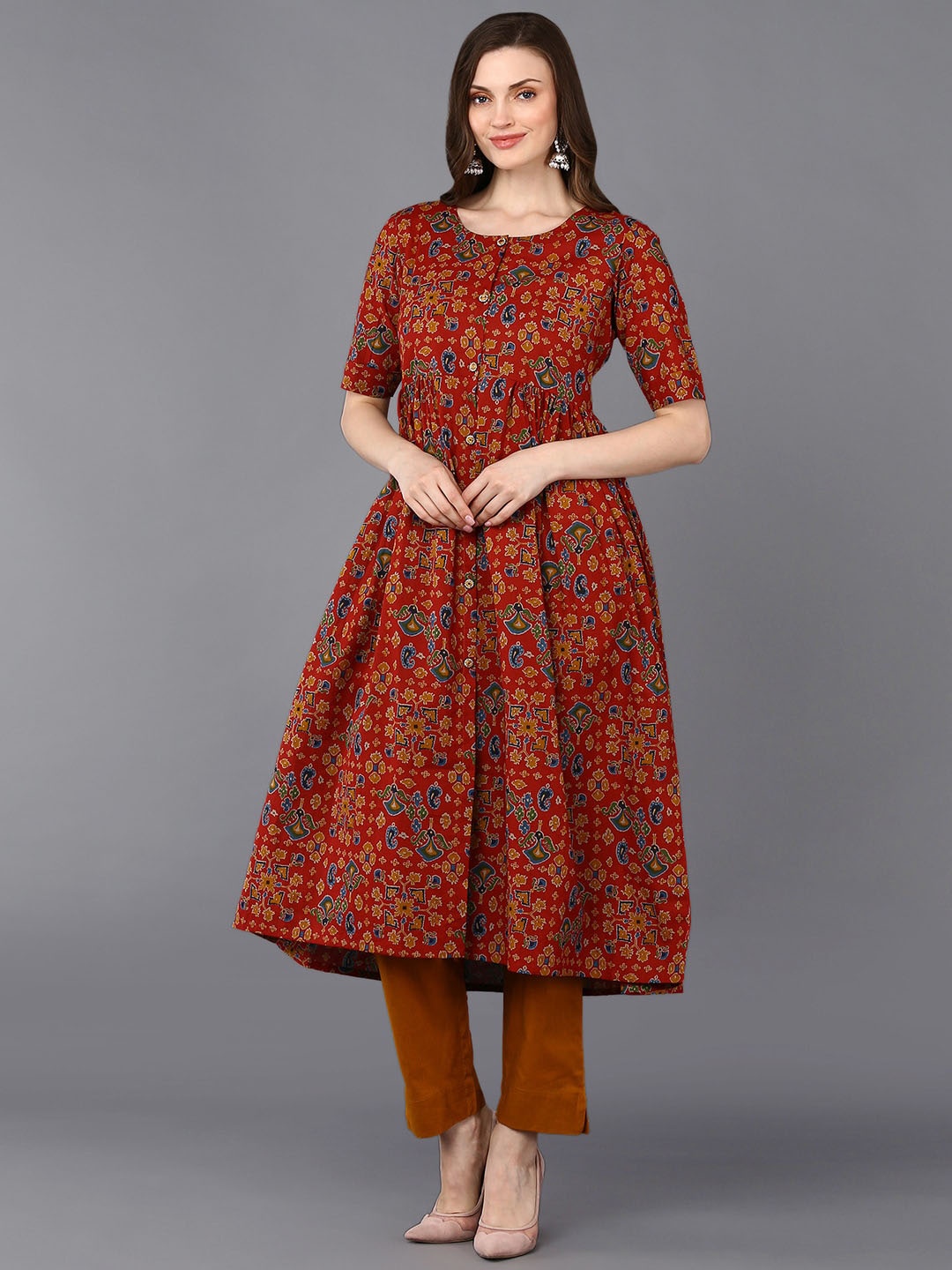 

KALINI Ethnic Motifs Printed Cotton A-Line Kurta, Red