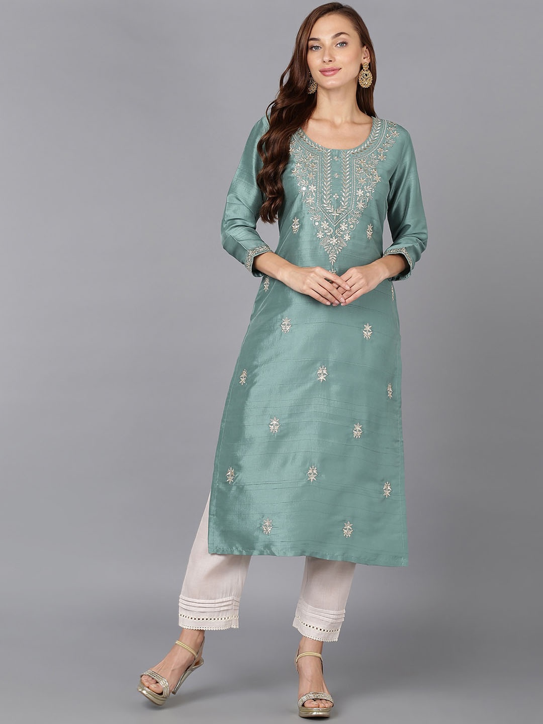 

KALINI Floral Embroidered Thread Work Straight Kurta, Sea green