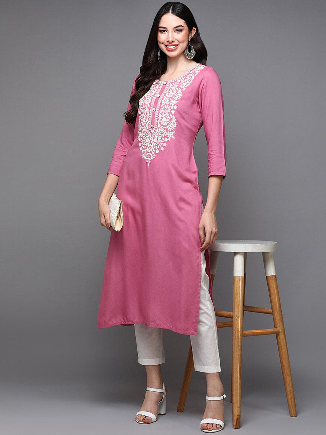 

KALINI Ethnic Motifs Yoke Design Thread Work Kurta, Pink