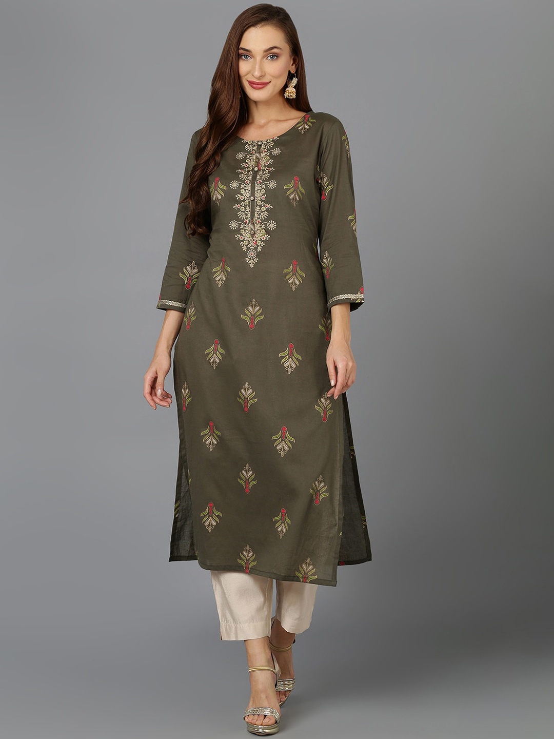 

KALINI Ethnic Motifs Embroidered Straight Cotton Kurta, Olive