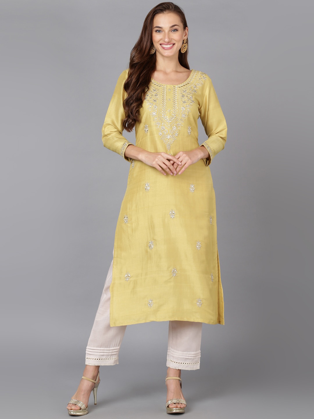

KALINI Ethnic Motifs Embroidered Thread Work Straight Kurta, Yellow