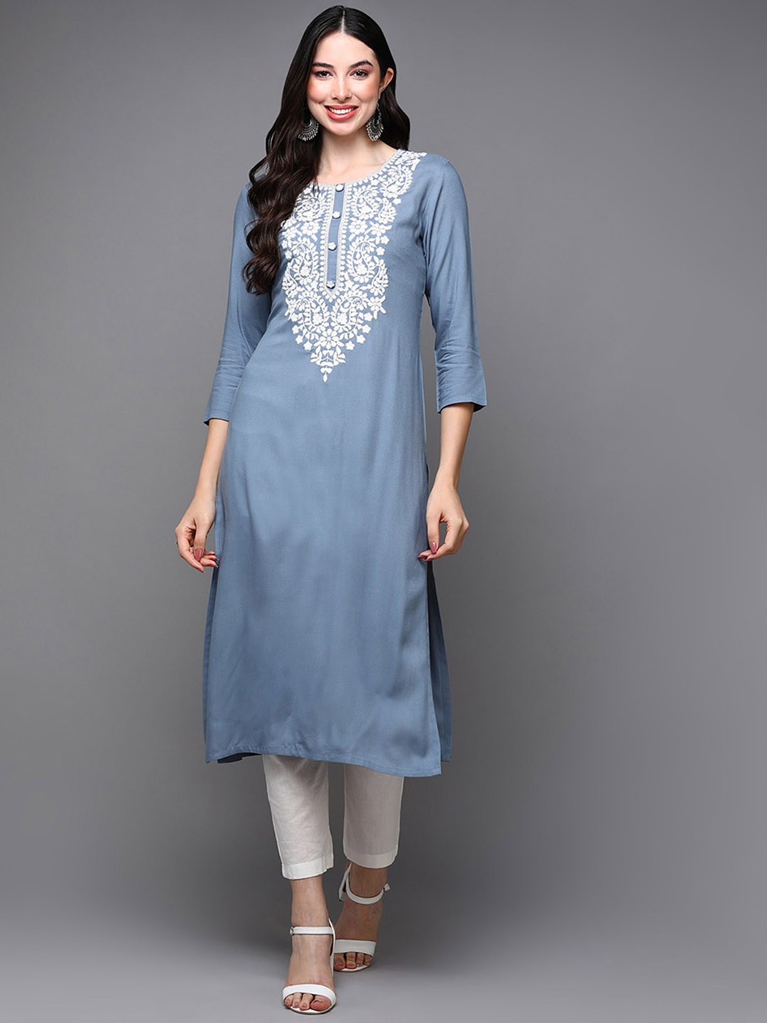 

KALINI Floral Yoke Design Thread Work Kurta, Blue