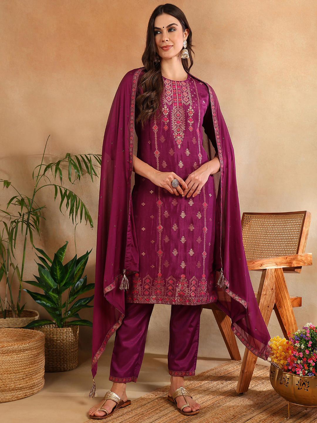 

KALINI Regular Sequinned Kurta with Trousers & Dupatta, Magenta