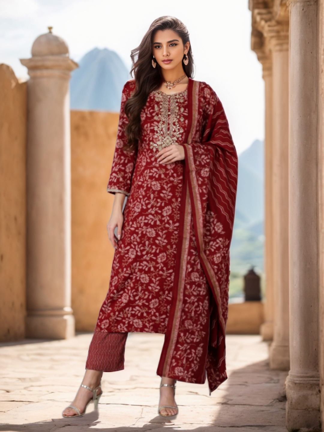 

KALINI Floral Printed Regular Kurta with Trousers & Dupatta, Maroon