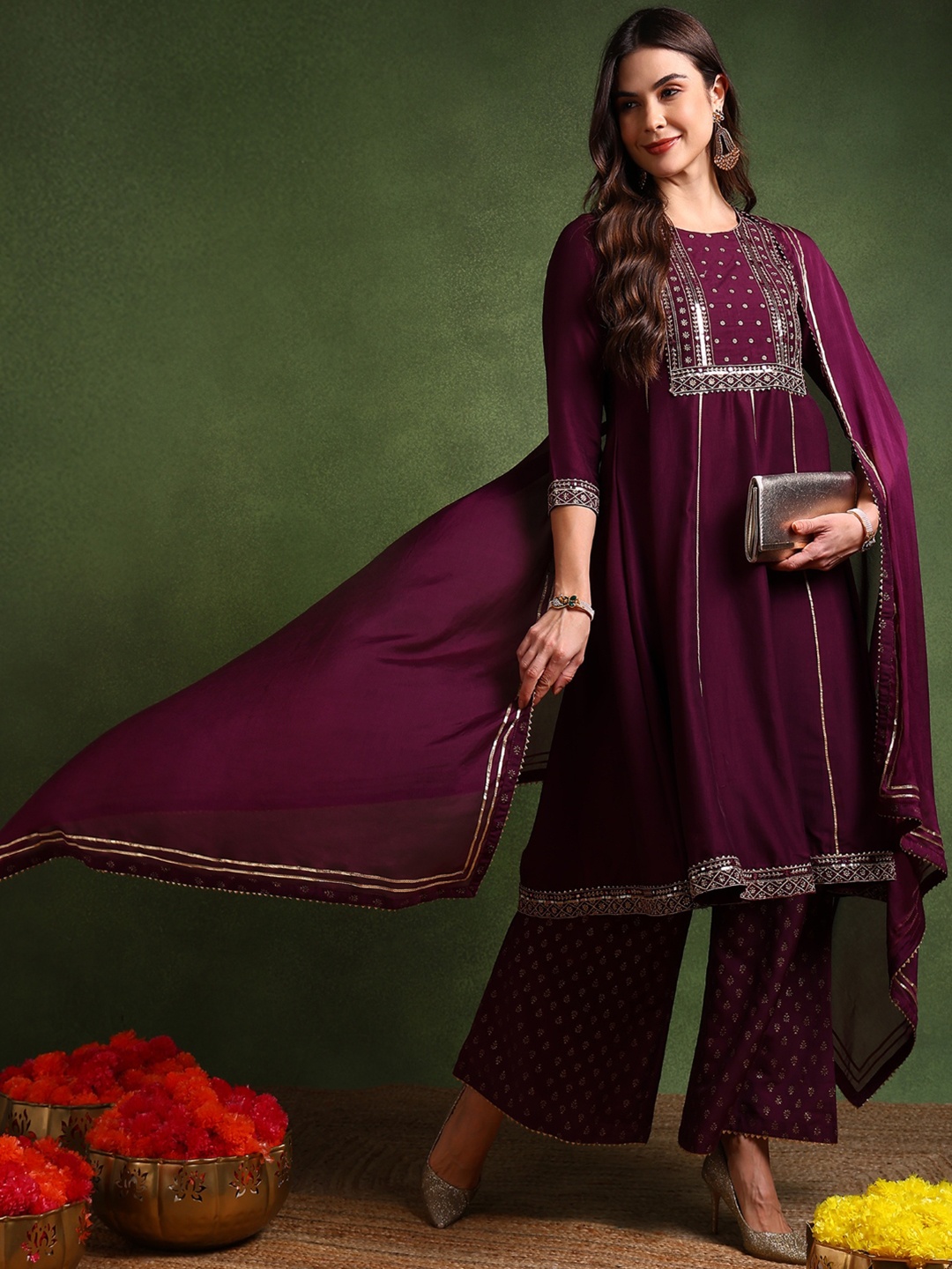 

KALINI Embroidered Empire Gotta Patti Kurta with Palazzos & Dupatta, Purple