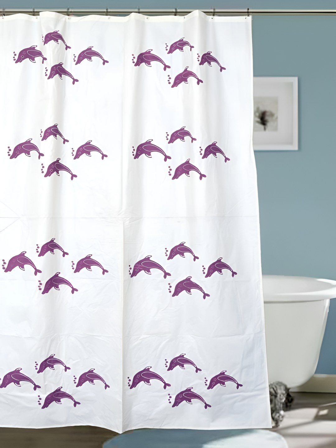 

CASA-NEST White & Purple Dolphin Printed Waterproof Shower Curtain