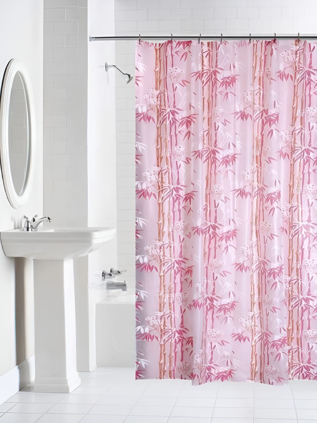 

CASA-NEST Pink & White 9 Pieces Floral Bamboo Printed Shower Curtain With Hooks
