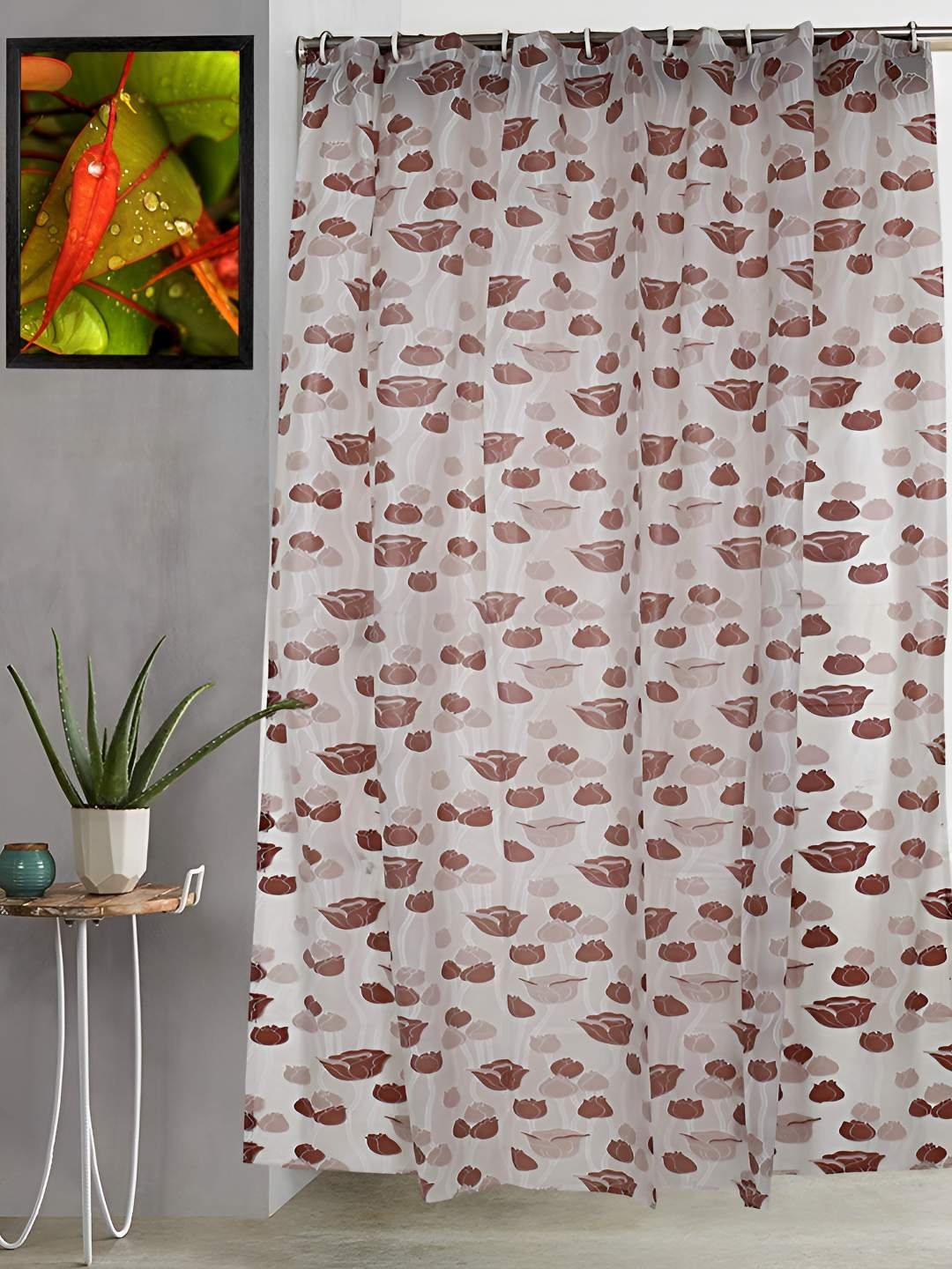 

CASA-NEST Brown & White 9 Pieces Floral Printed Shower Curtain & Hooks